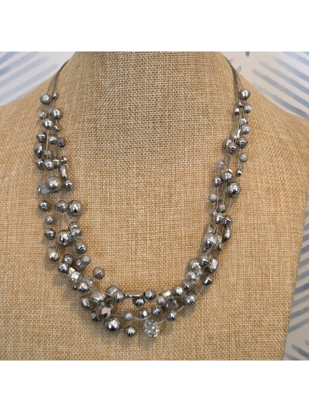 Chico's Vintage Multi Strand Silver Tone Floating Beaded Necklace
